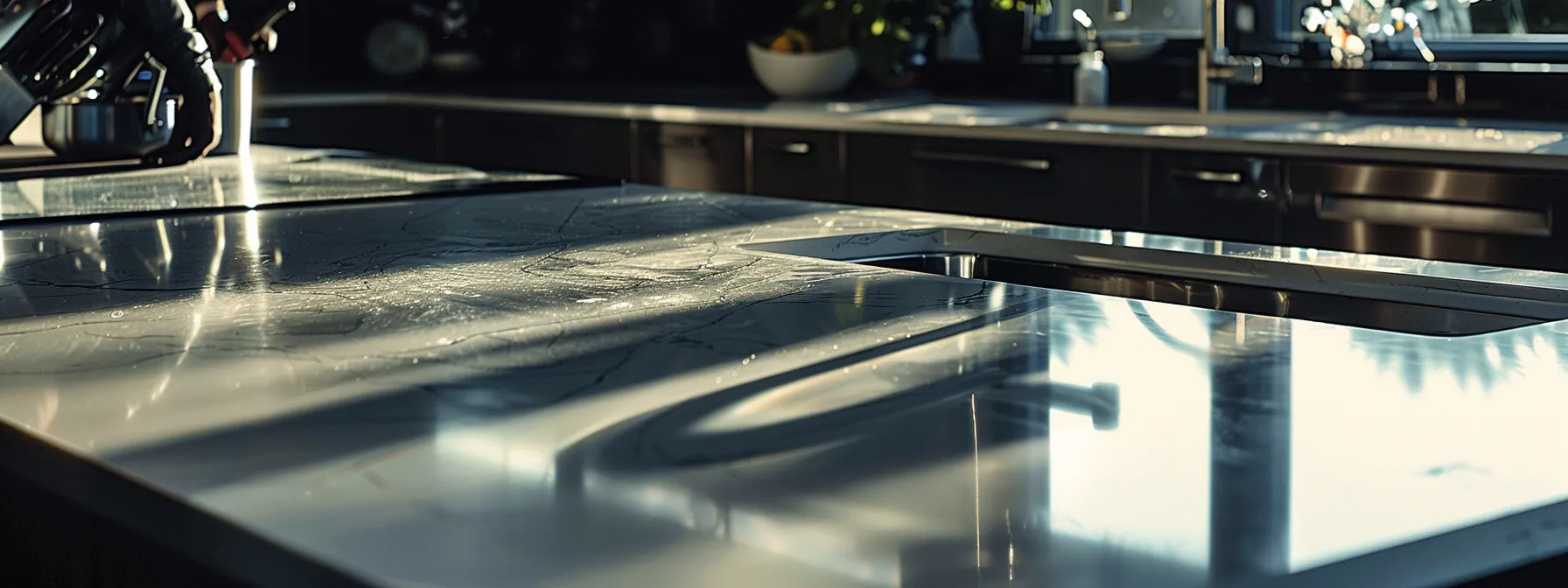 a sleek, modern kitchen countertop being expertly installed by skilled workers, showcasing precision and quality craftsmanship in kansas city.