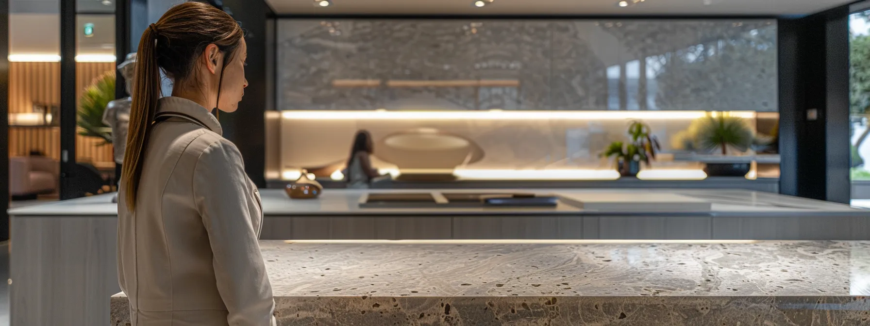 a homeowner admiring a sleek, polished granite countertop in the elegant showroom of dimensional stoneworks.