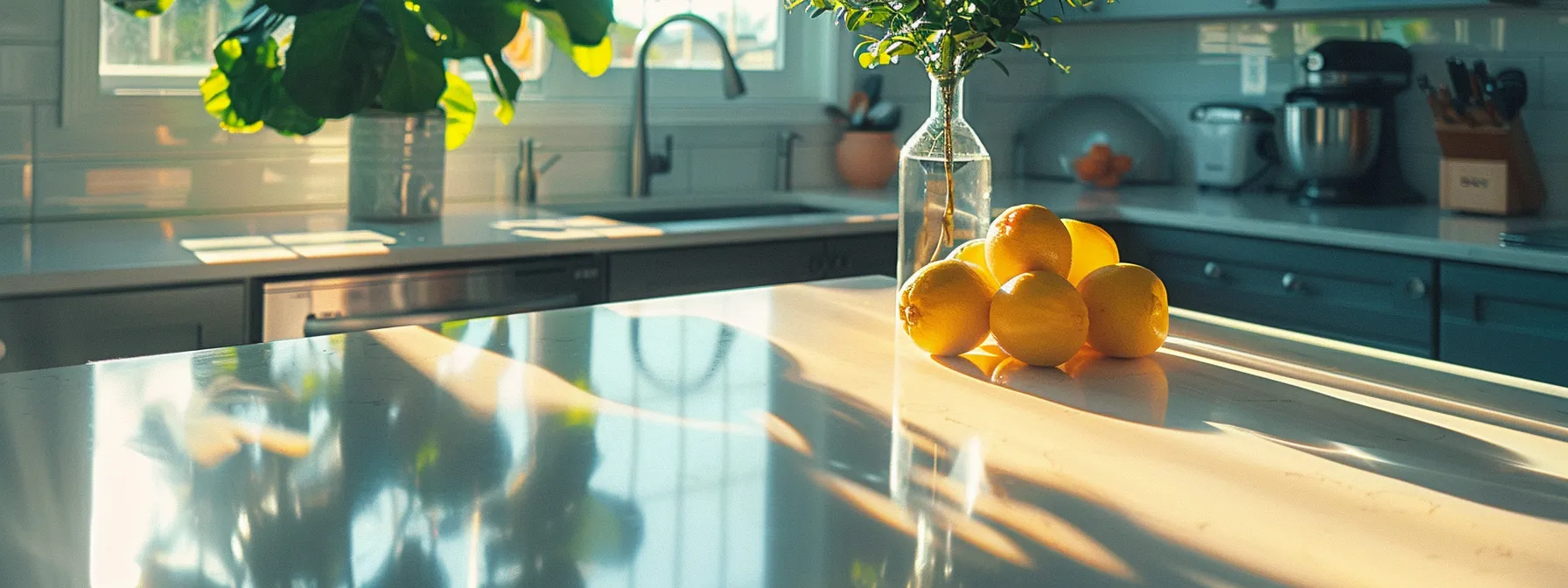 a sleek, glossy quartz countertop gleams in a well-lit modern kitchen in kansas city.